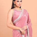 Dusky Rose Pink Crepe Silk Saree Blouse Set  With Golden Embroidered Border and Cutdana Work Close Up