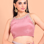 Dusky Rose Pink Crepe Silk Saree Blouse Set  With Golden Embroidered Border and Cutdana Work Blouse front design