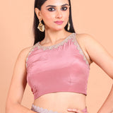 Dusky Rose Pink Crepe Silk Saree Blouse Set  With Golden Embroidered Border and Cutdana Work Blouse front design