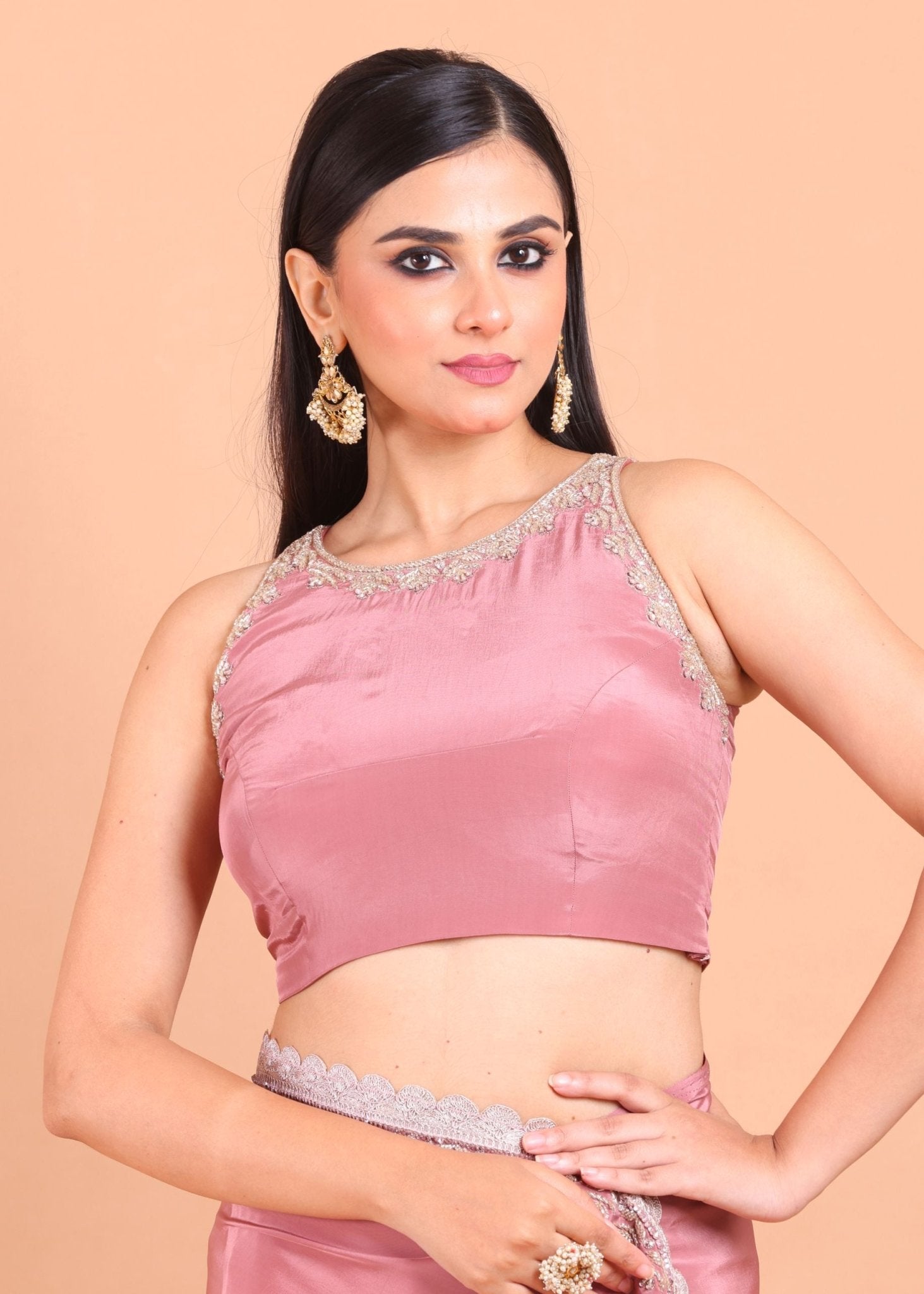 Dusky Rose Pink Crepe Silk Saree Blouse Set With Golden Embroidered Border and Cutdana Work - Anvi Couture
