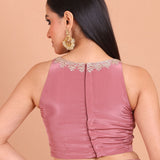 Dusky Rose Pink Crepe Silk Saree Blouse Set  With Golden Embroidered Border and Cutdana Work blouse back design