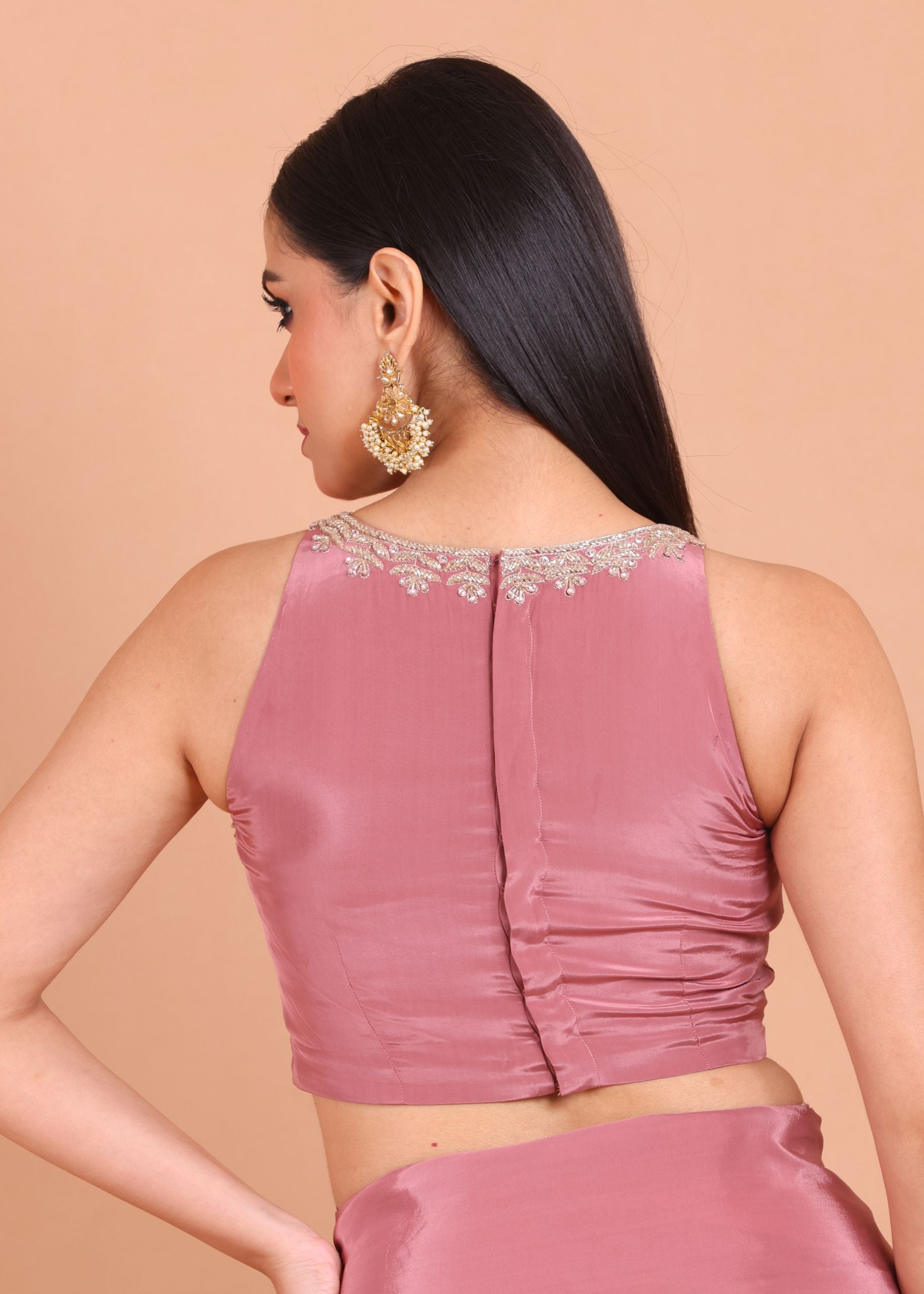 Dusky Rose Pink Crepe Silk Saree Blouse Set  With Golden Embroidered Border and Cutdana Work blouse back design