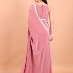 Dusky Rose Pink Crepe Silk Saree Blouse Set  With Golden Embroidered Border and Cutdana Work Back view