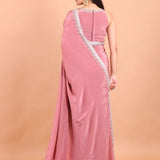 Dusky Rose Pink Crepe Silk Saree Blouse Set  With Golden Embroidered Border and Cutdana Work Back view