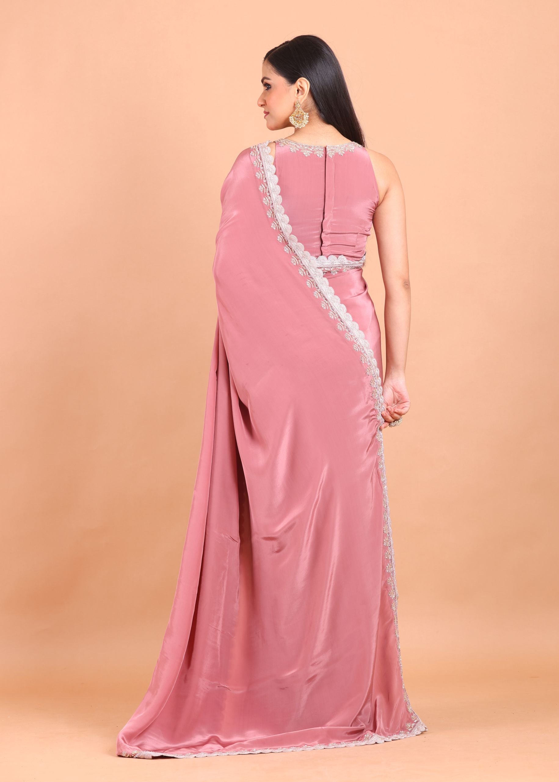Dusky Rose Pink Crepe Silk Saree Blouse Set  With Golden Embroidered Border and Cutdana Work Back view