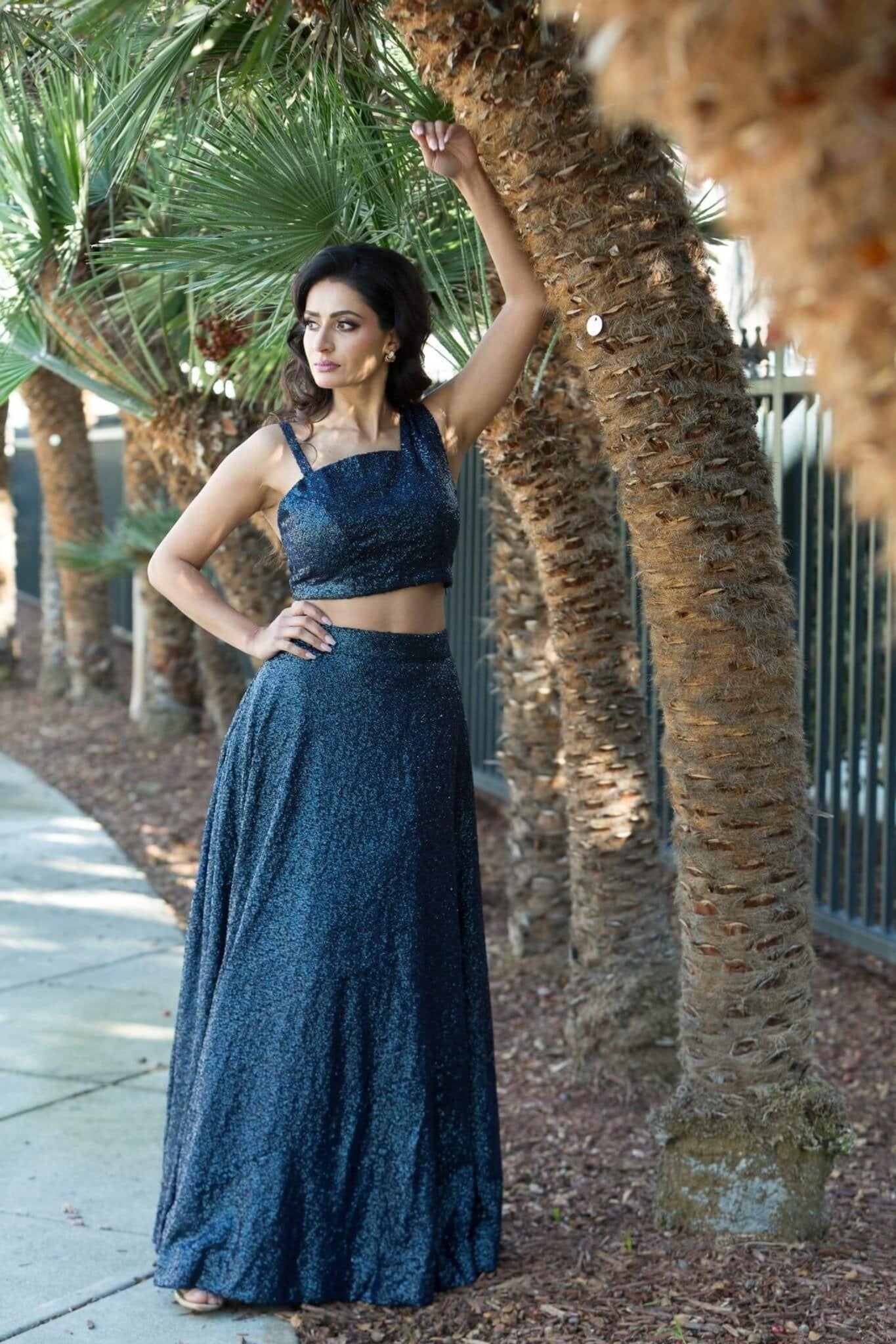 Blue Fusion Lehenga and Crop Top Set crafter with Sequin Embroidery - Anvi Couture