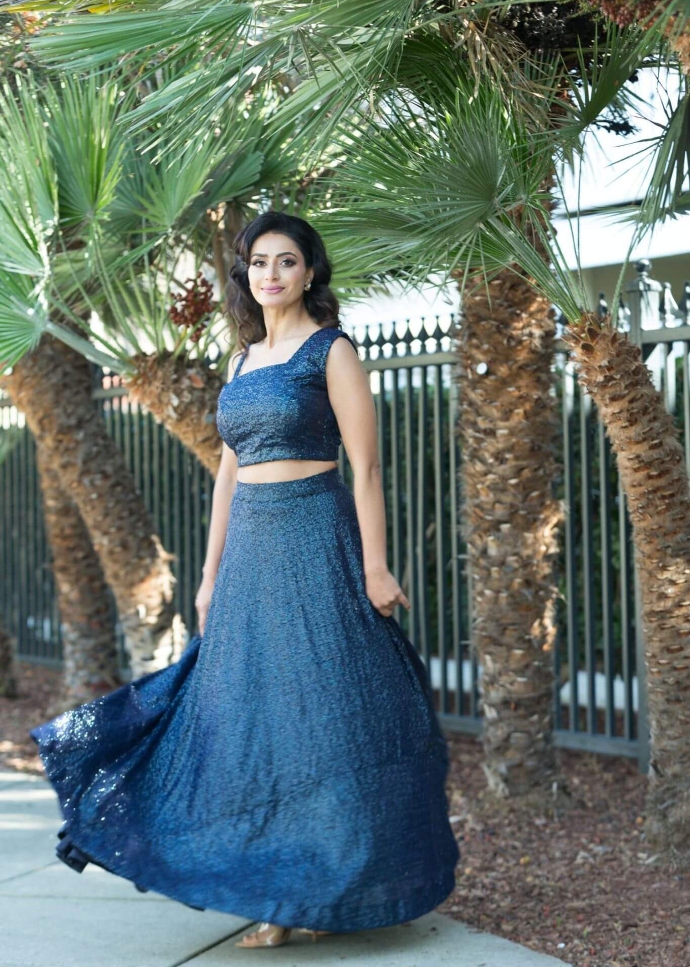 Blue Fusion Lehenga and Crop Top Set crafter with Sequin Embroidery - Anvi Couture