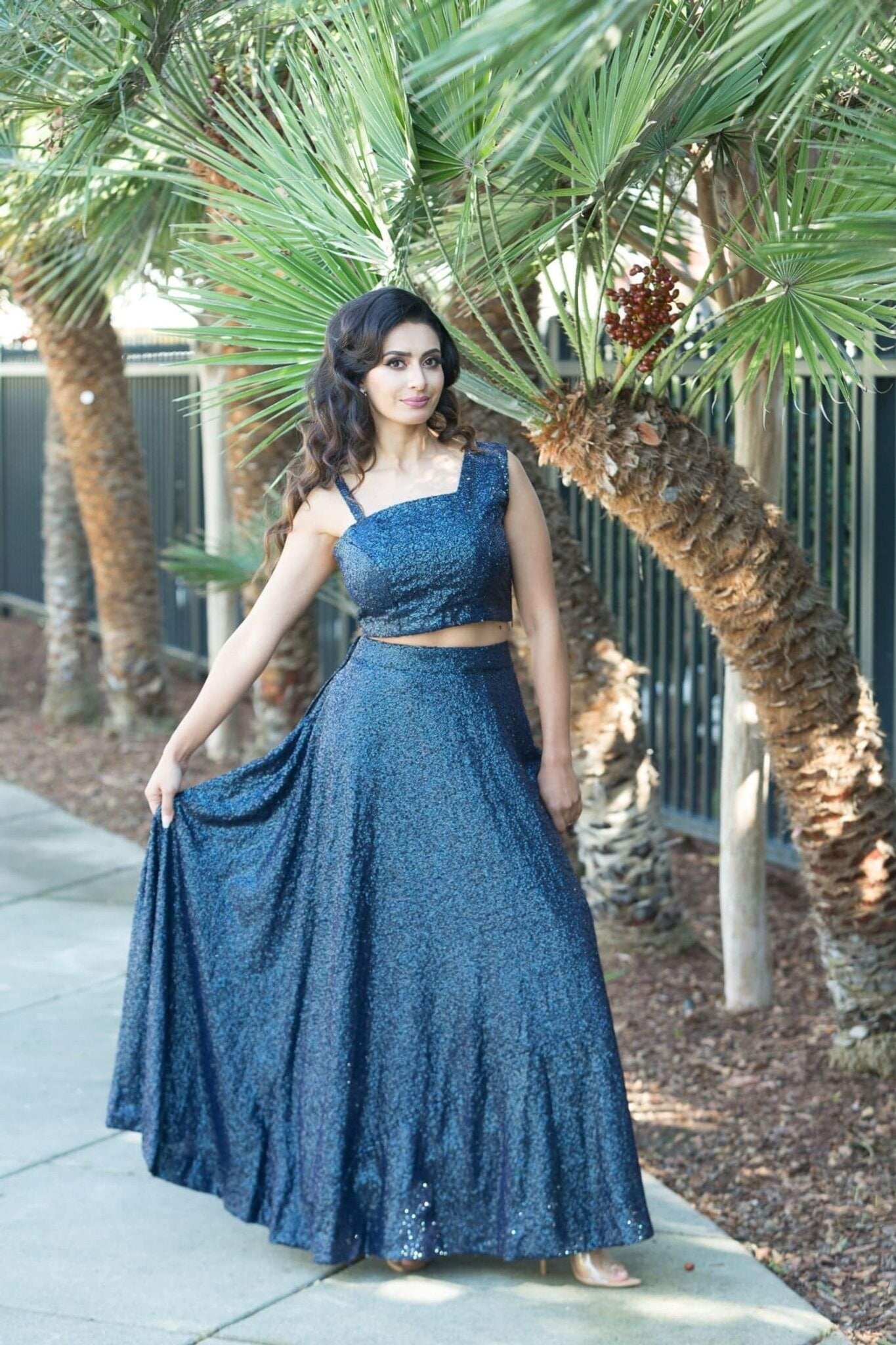 Blue Fusion Lehenga and Crop Top Set crafter with Sequin Embroidery - Anvi Couture