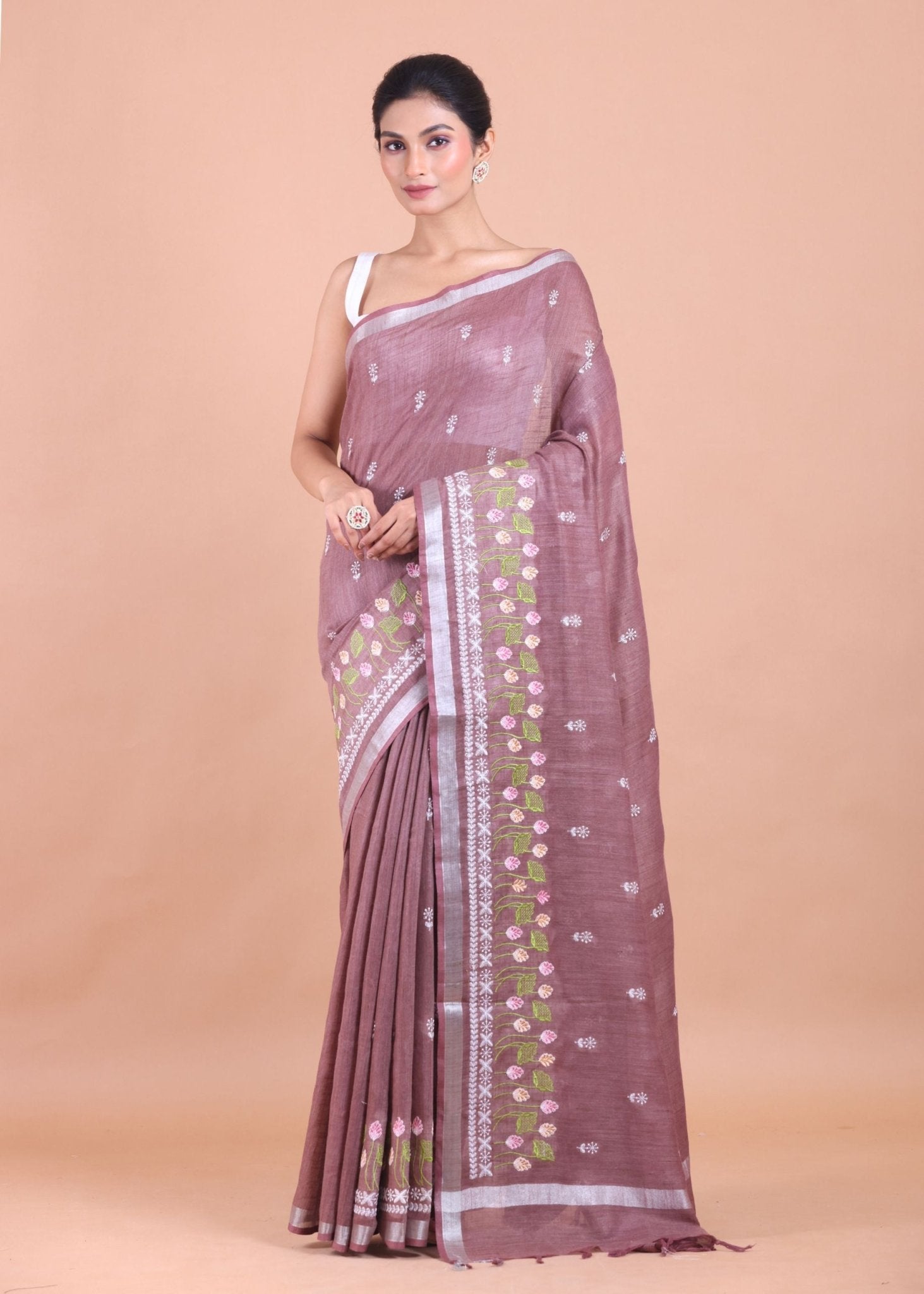 Dusty Mauve Handloom Floral Hand Embroidered Saree - Anvi Couture