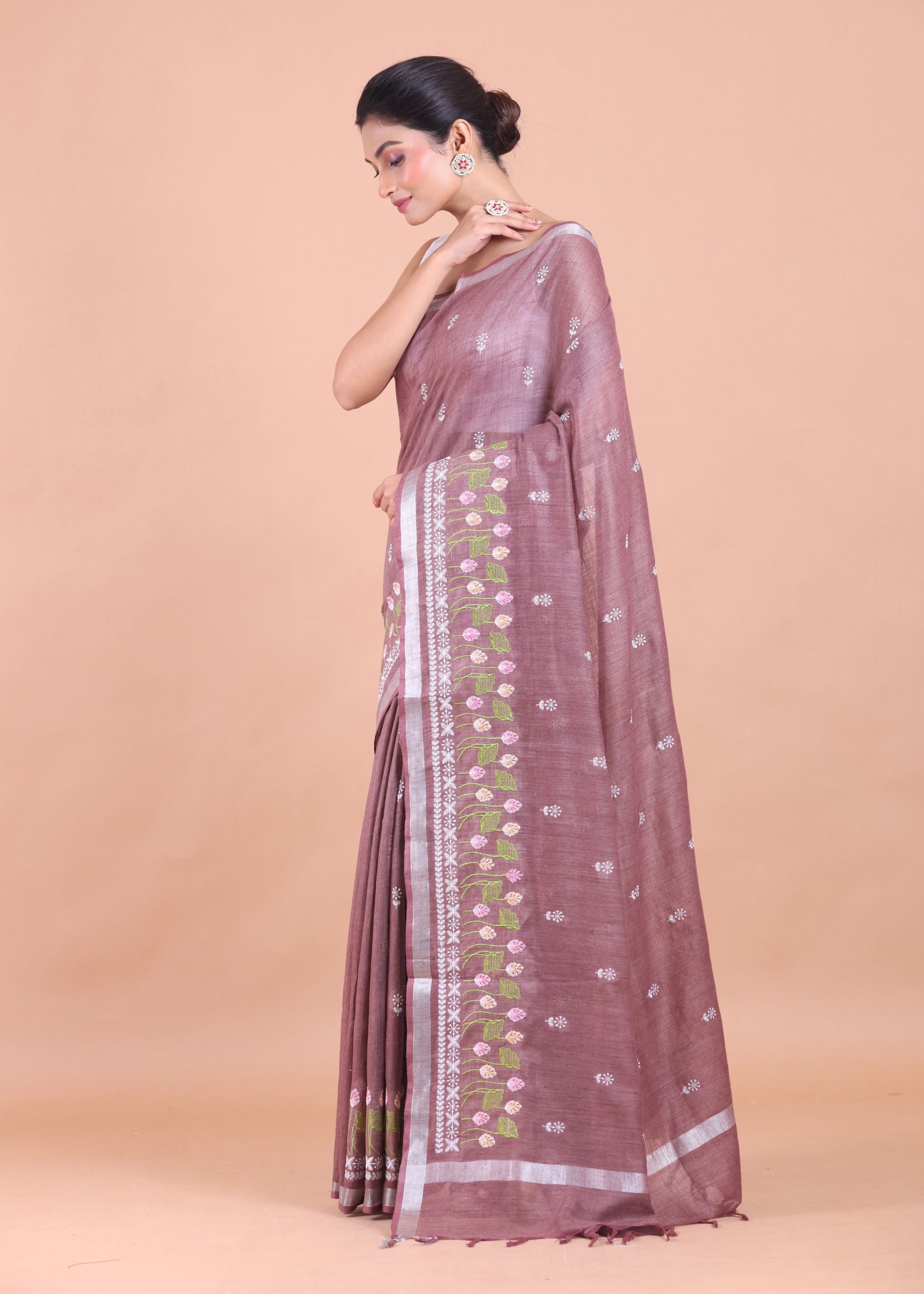 Dusty Mauve Handloom Floral Hand Embroidered Saree front