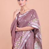 Dusty Mauve Handloom Floral Hand Embroidered Saree close up