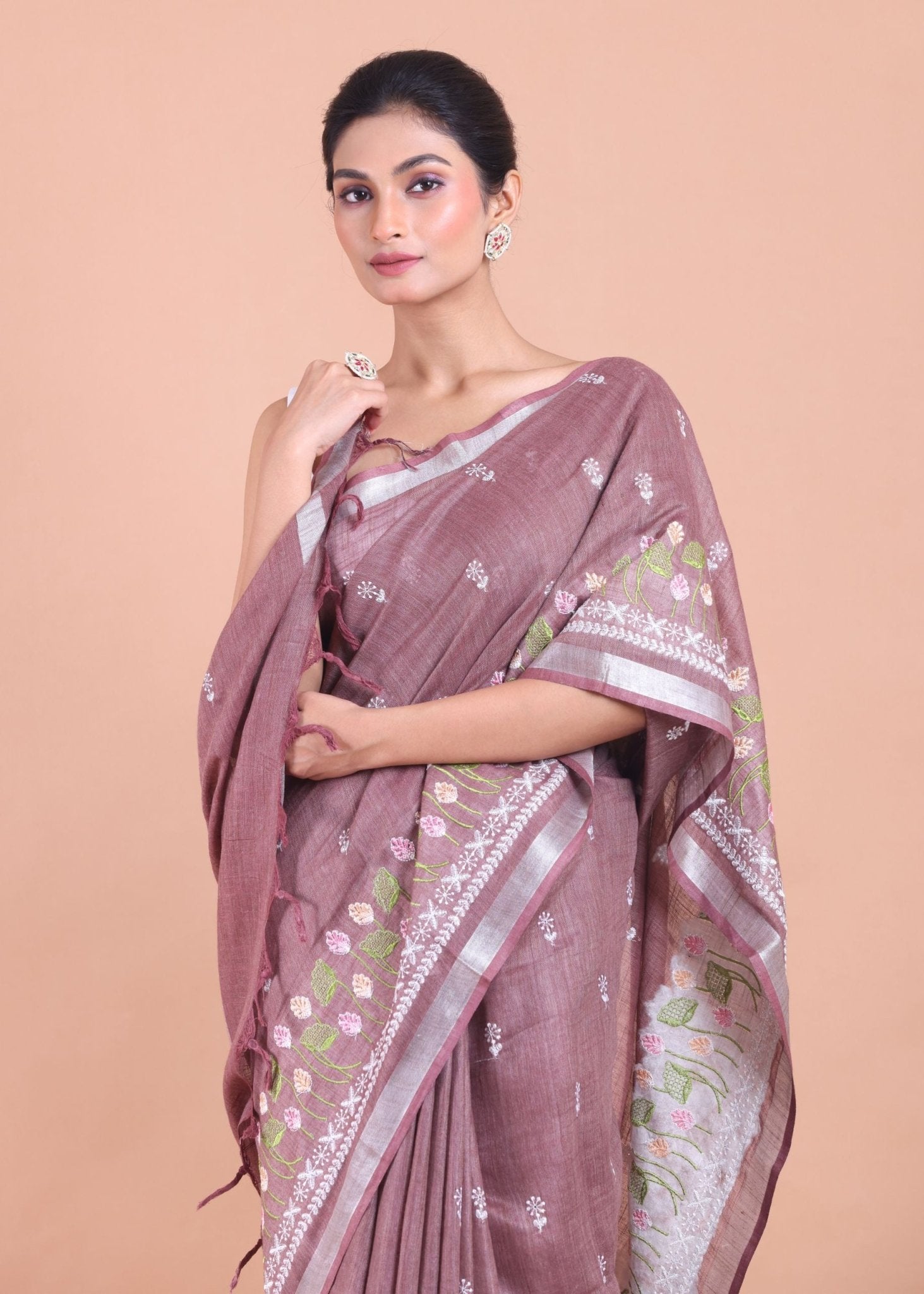 Dusty Mauve Handloom Floral Hand Embroidered Saree - Anvi Couture