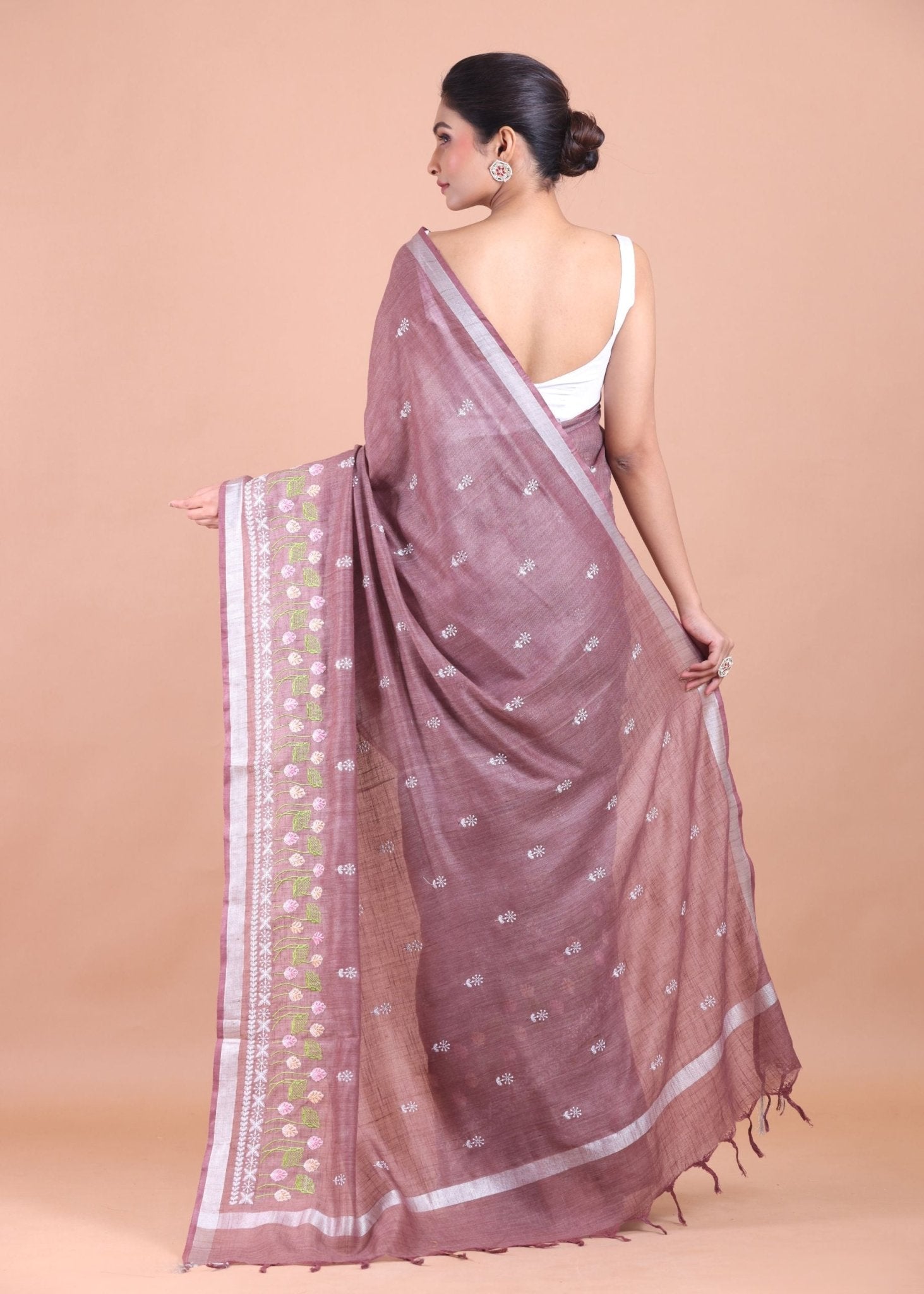 Dusty Mauve Handloom Floral Hand Embroidered Saree - Anvi Couture