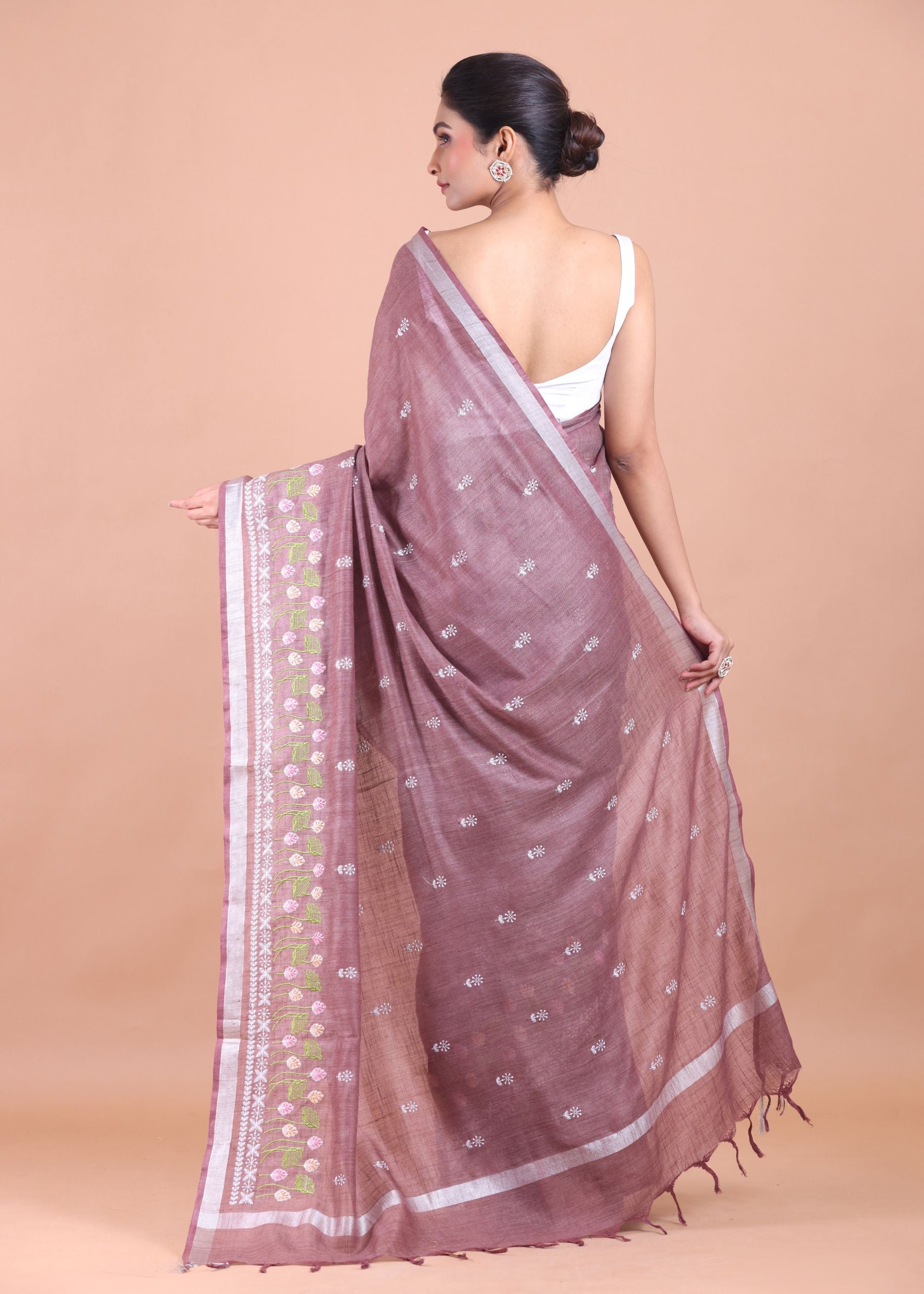 Dusty Mauve Handloom Floral Hand Embroidered Saree back