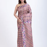 Dusty Mauve Handloom Jamdani Saree With Blue and Multicolor Floral Motifs Full
