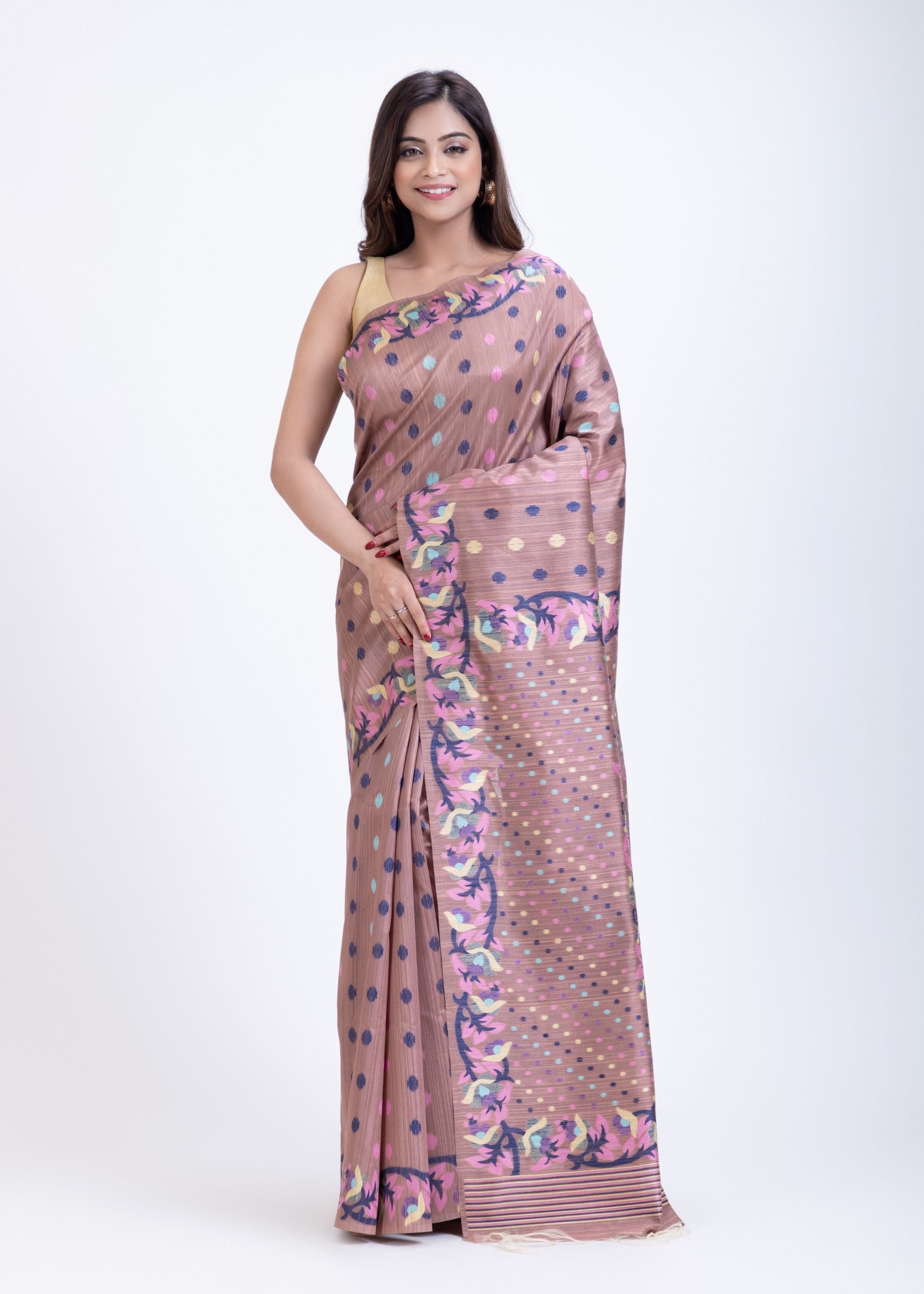 Dusty Mauve Handloom Jamdani Saree With Blue and Multicolor Floral Motifs Full
