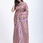 Dusty Mauve Handloom Jamdani Saree With Blue and Multicolor Floral Motifs Front
