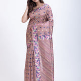 Dusty Mauve Handloom Jamdani Saree With Blue and Multicolor Floral Motifs Front
