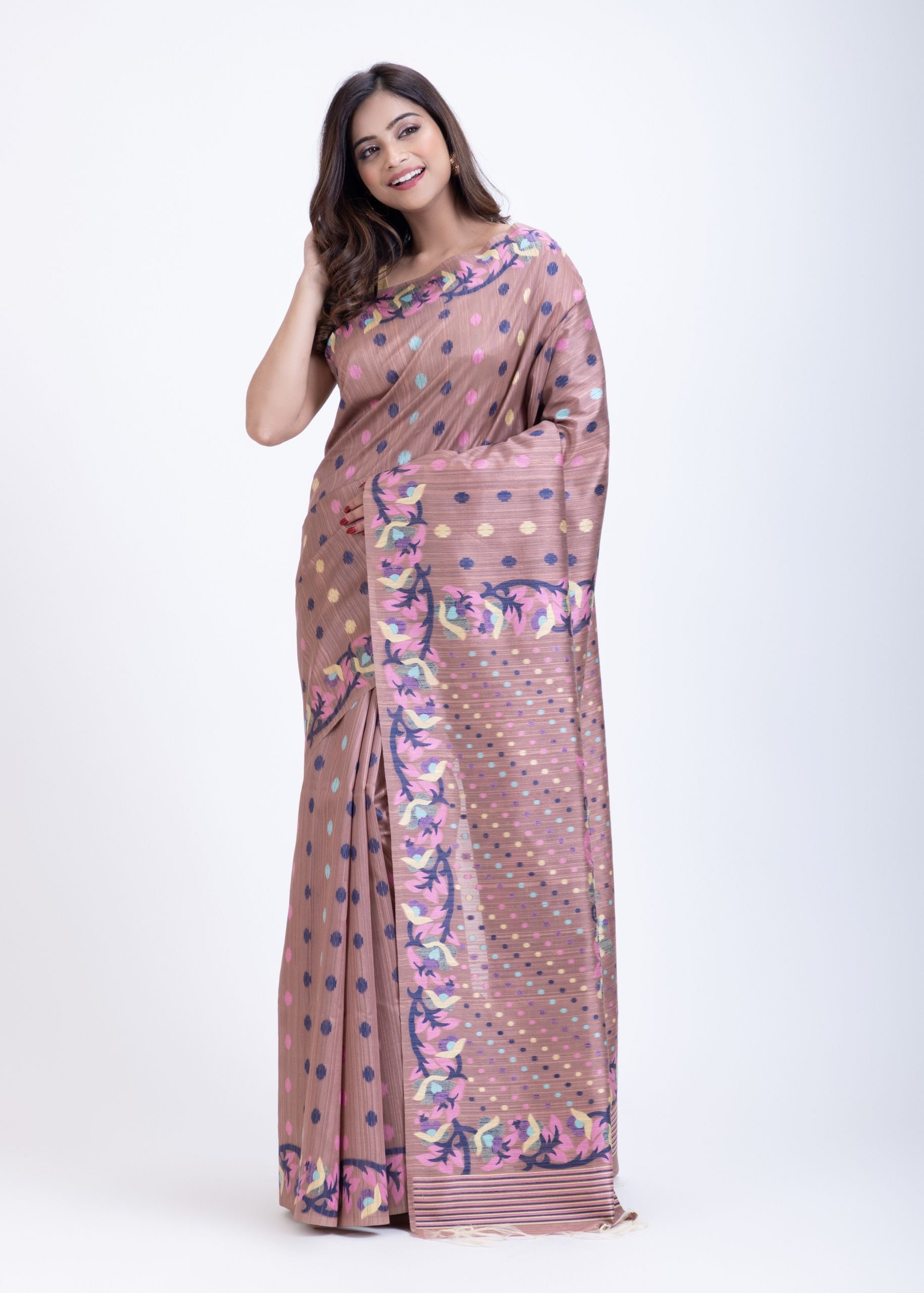Dusty Mauve Handloom Jamdani Saree With Blue and Multicolor Floral Motifs Front
