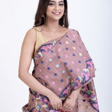 Dusty Mauve Handloom Jamdani Saree With Blue and Multicolor Floral Motifs Close Up
