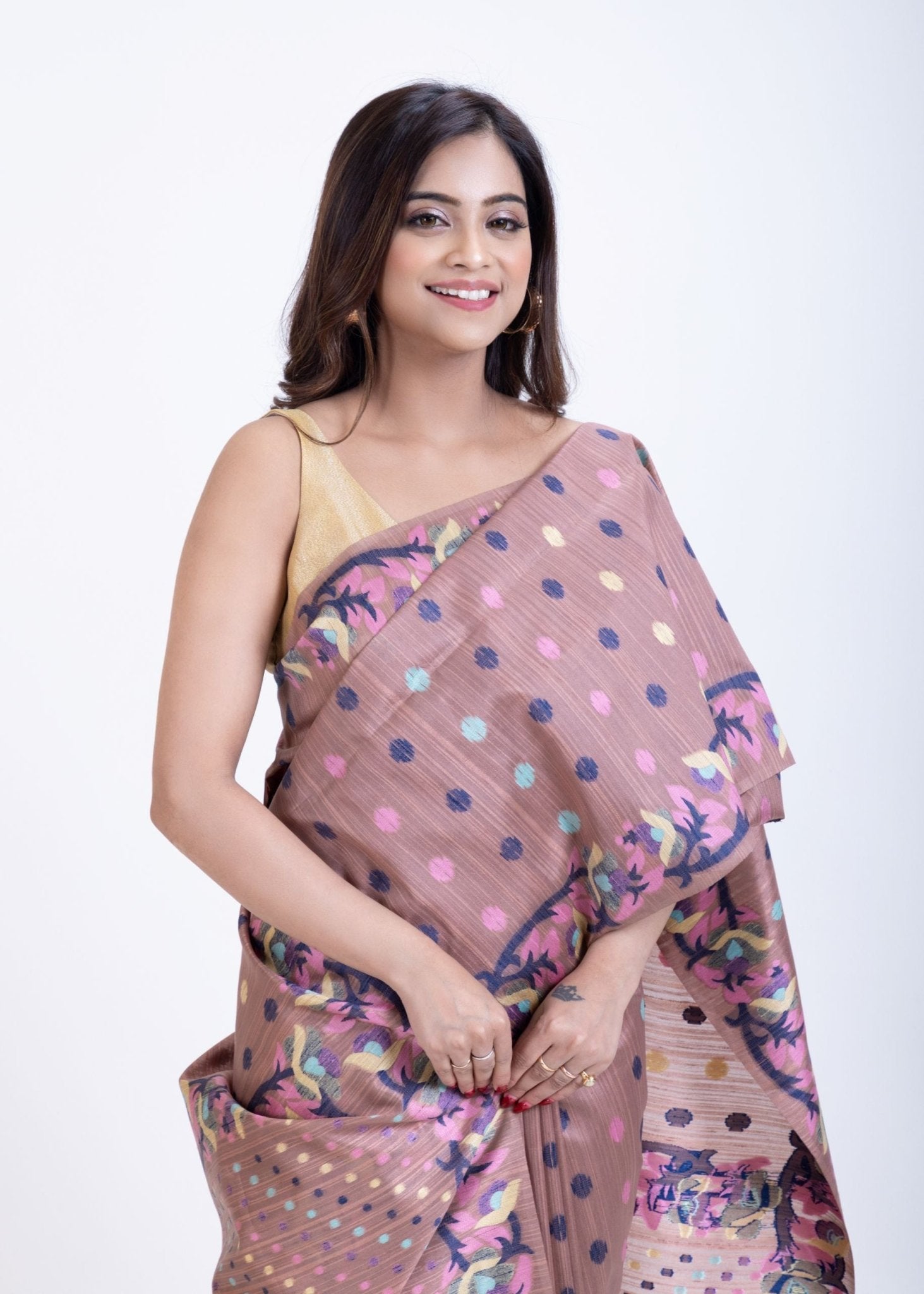 Dusty Mauve Handloom Jamdani Saree With Blue and Multicolor Floral Motifs - Anvi Couture
