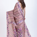 Dusty Mauve Handloom Jamdani Saree With Blue and Multicolor Floral Motifs Back
