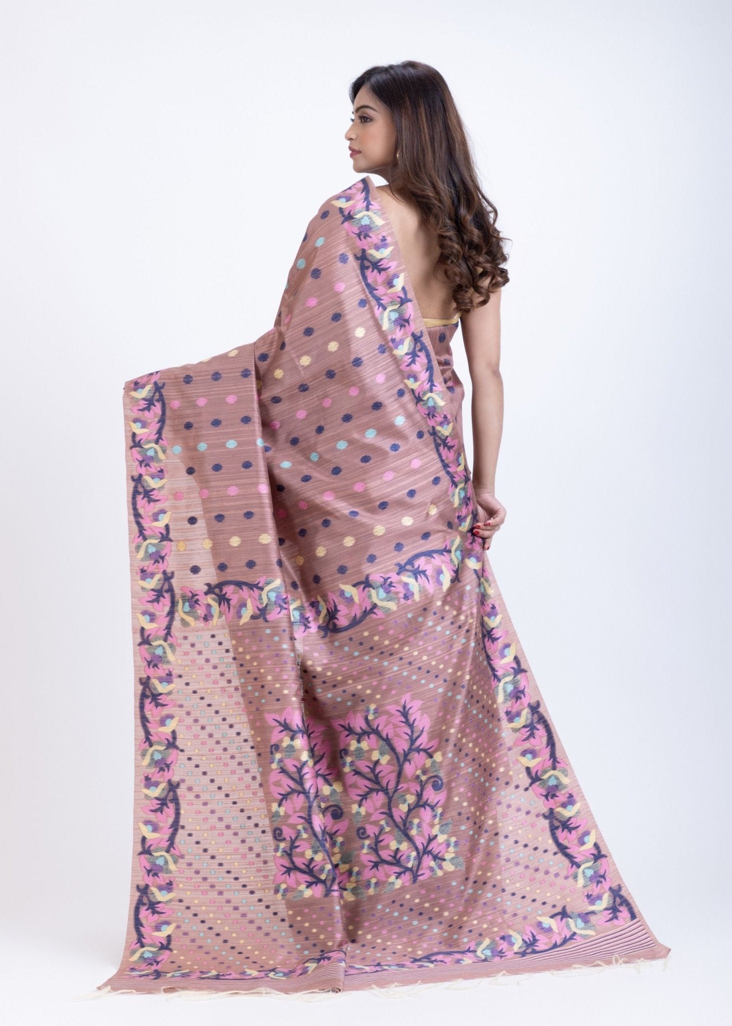 Dusty Mauve Handloom Jamdani Saree With Blue and Multicolor Floral Motifs - Anvi Couture