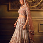 Dusty Pink Bridal Lehenga Set in Net with All Over Embroidery and Dupatta - Side