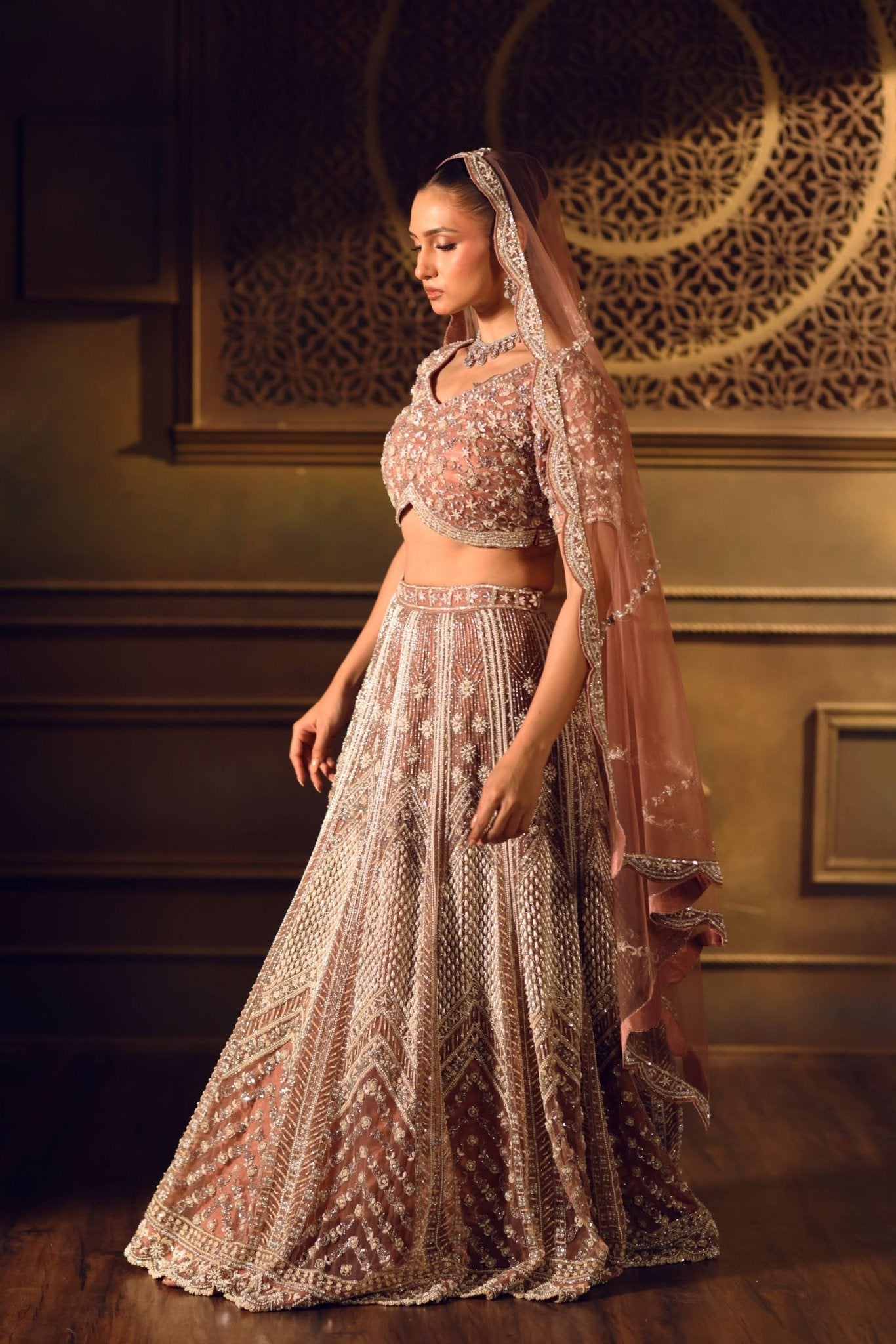 Dusty Pink Bridal Lehenga Set in Net with All Over Embroidery and Dupatta - Side
