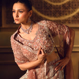 Dusty Pink Bridal Lehenga Set in Net with All Over Embroidery and Dupatta - Close