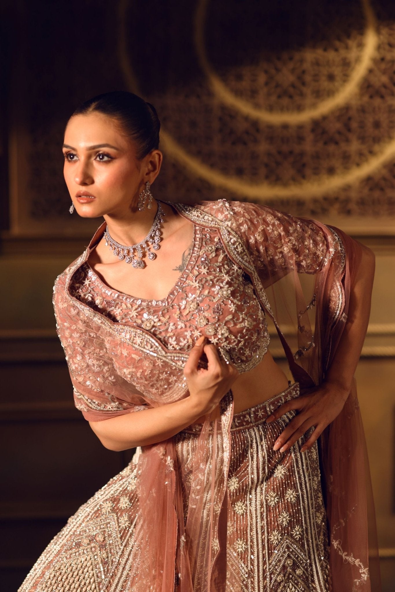 Dusty Pink Bridal Lehenga Set in Net with All Over Embroidery and Dupatta - Close