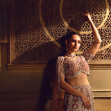 Dusty Pink Bridal Lehenga Set in Net with All Over Embroidery and Dupatta - Front Close