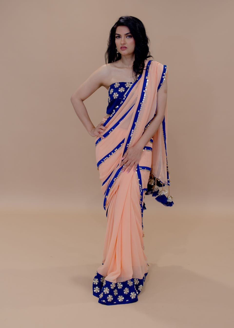 Peach and Blue Georgette Designer Saree with Coin Sequin work, Gota Patti Embroidered Blouse and Tassel Pallu - Anvi Couture