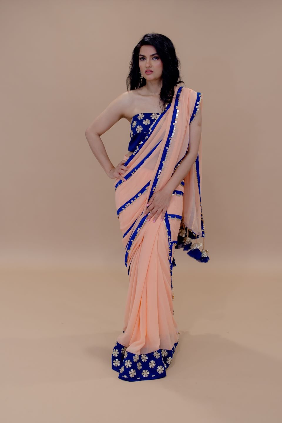 Peach and Blue Georgette Designer Saree with Coin Sequin work, Gota Patti Embroidered Blouse and Tassel Pallu - Anvi Couture