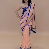 Peach and Blue Georgette Designer Saree with Coin Sequin work, Gota Patti Embroidered Blouse and Tassel Pallu - Anvi Couture