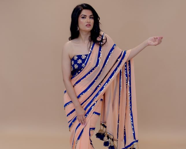 Peach and Blue Georgette Designer Saree with Coin Sequin work, Gota Patti Embroidered Blouse and Tassel Pallu - Anvi Couture