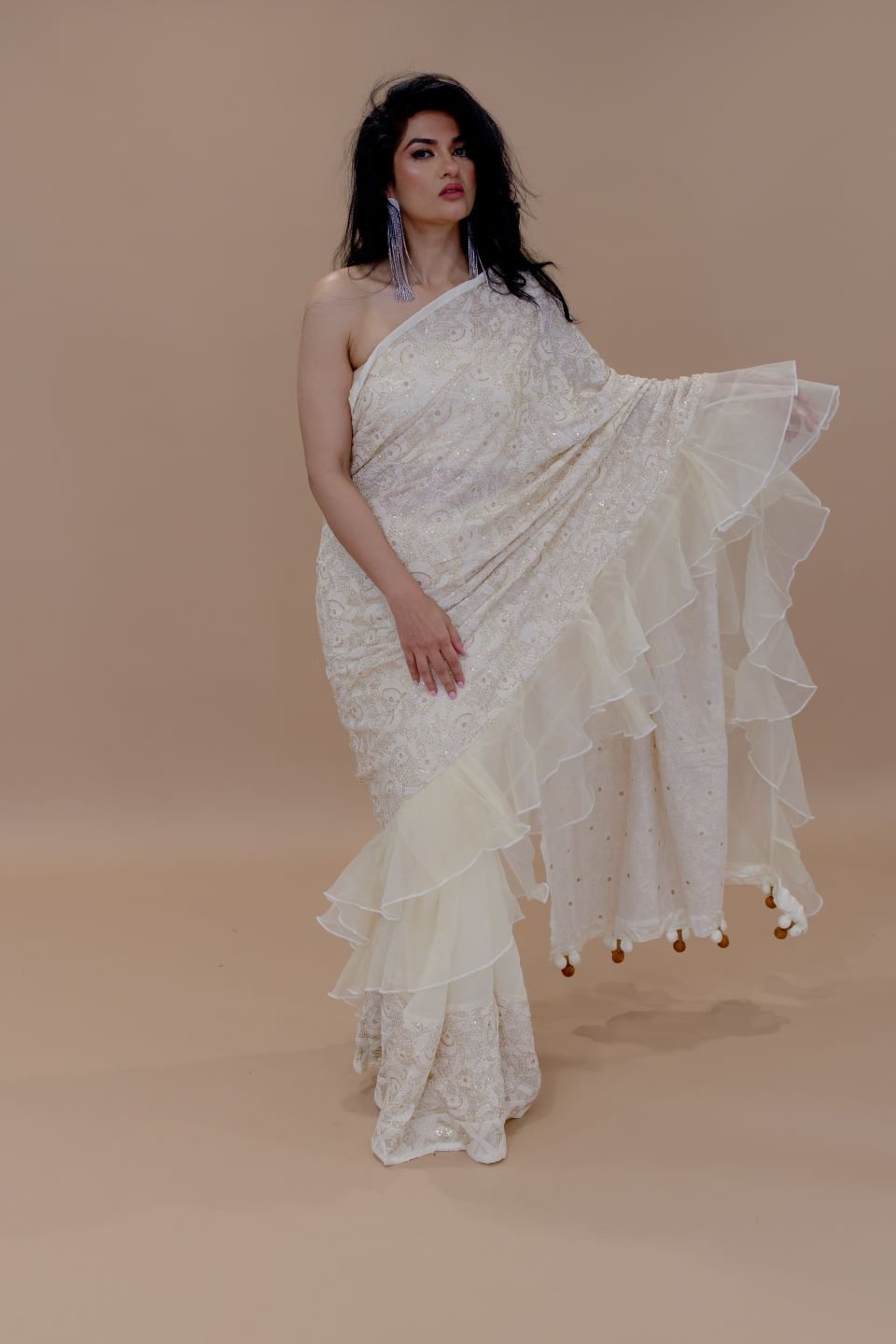 Georgette Chikankari Embroidered Ivory Designer Ruffle Saree With Tassel Pallu - Anvi Couture