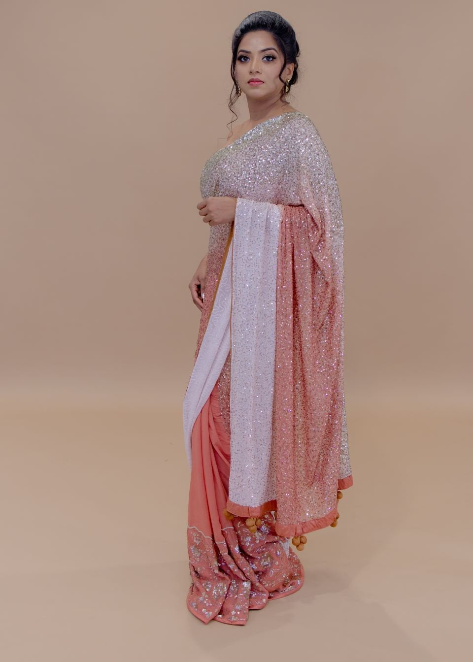 Peach and White Georgette Designer Saree With Sequin Work And Tassel Pallu - Anvi Couture