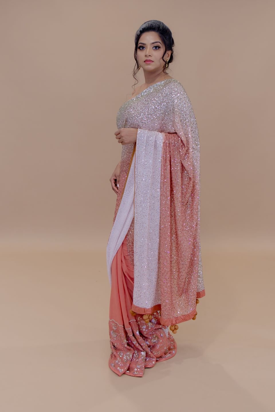 Peach and White Georgette Designer Saree With Sequin Work And Tassel Pallu - Anvi Couture