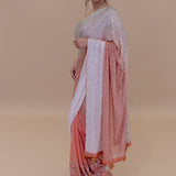 Peach and White Georgette Designer Saree With Sequin Work And Tassel Pallu - Anvi Couture