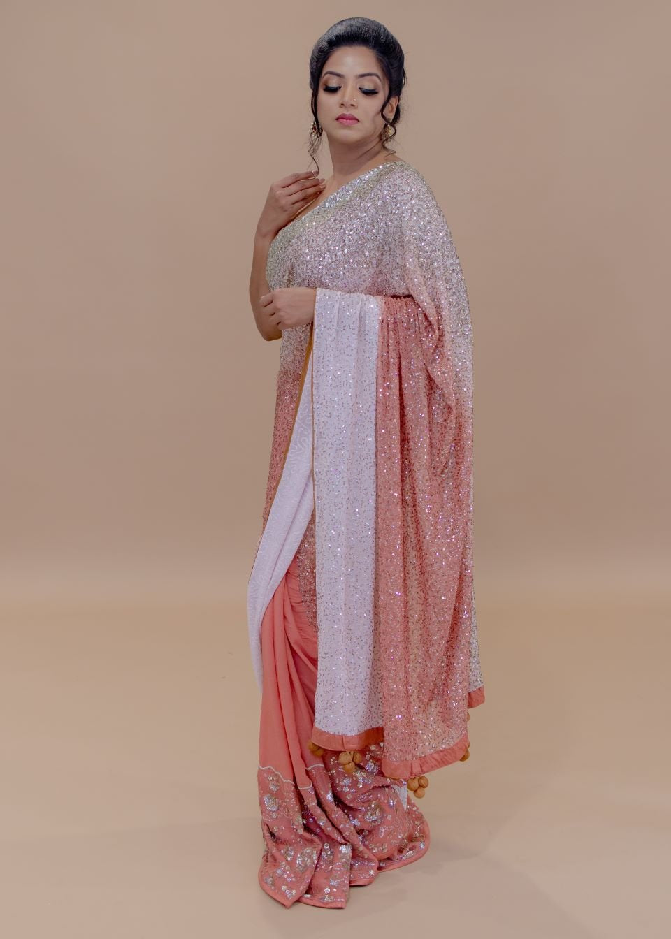 Peach and White Georgette Designer Saree With Sequin Work And Tassel Pallu - Anvi Couture