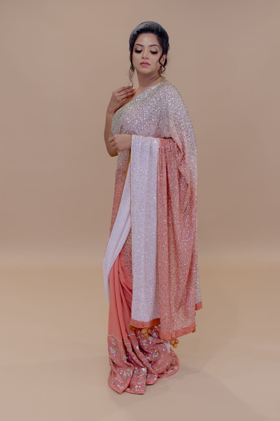 Peach and White Georgette Designer Saree With Sequin Work And Tassel Pallu - Anvi Couture