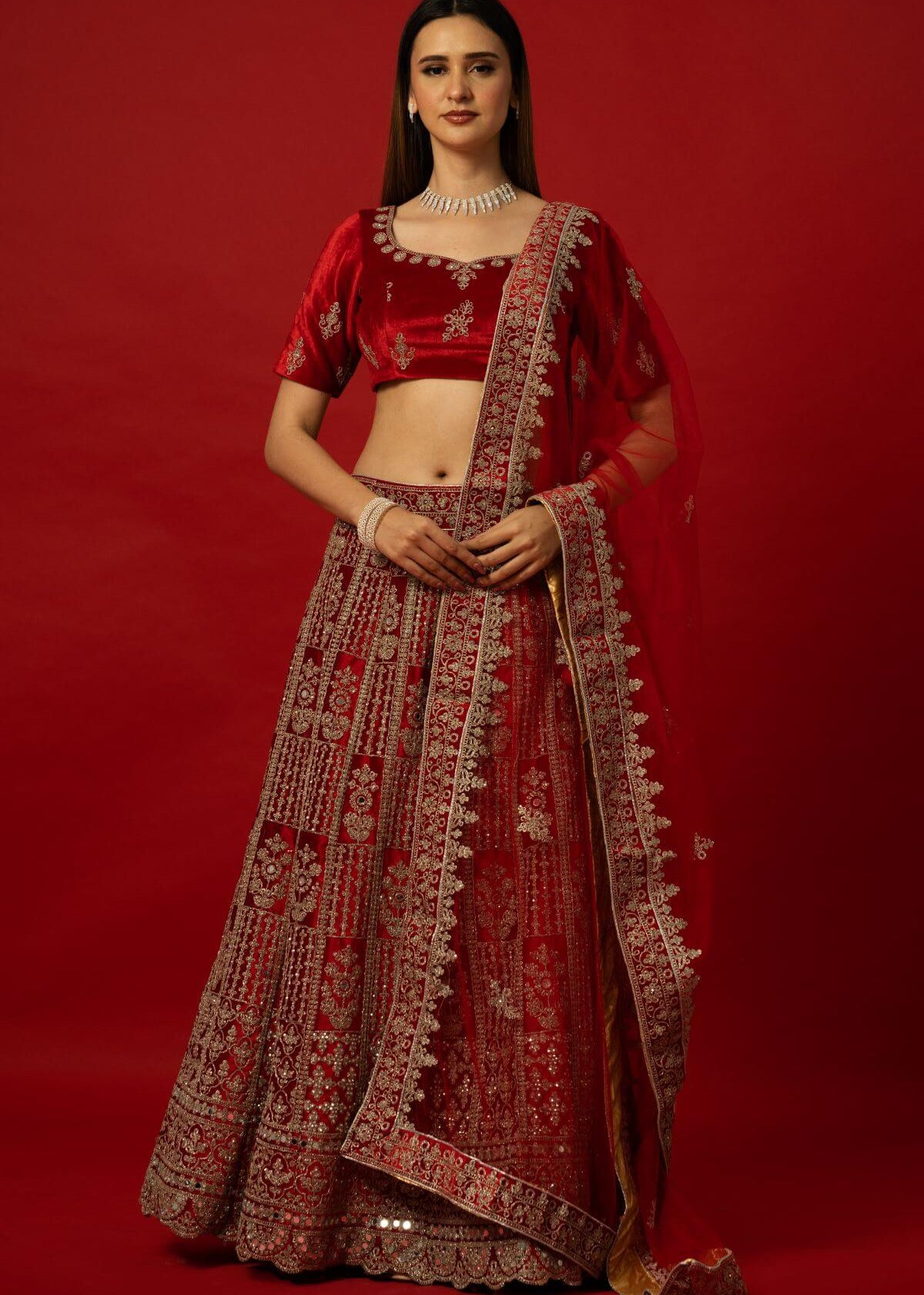 Red Velvet Bridal Lehenga with Intricate Zardozi Embroidery for Weddings