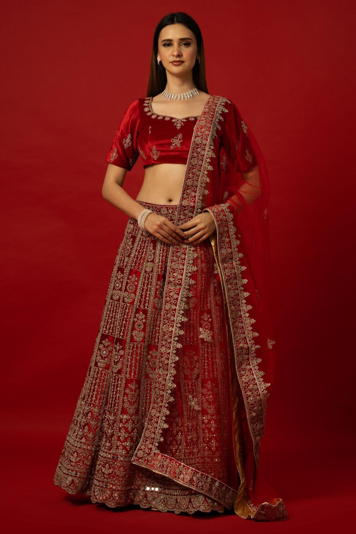 Red Velvet Bridal Lehenga with Intricate Zardozi Embroidery for Weddings