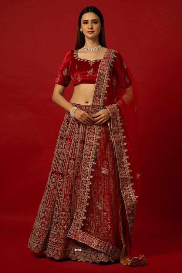 Red Velvet Bridal Lehenga with Intricate Zardozi Embroidery for Weddings - Front 1