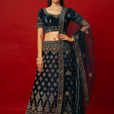 Blue Velvet Bridal Lehenga with Zardozi Hand Embroidery for Weddings