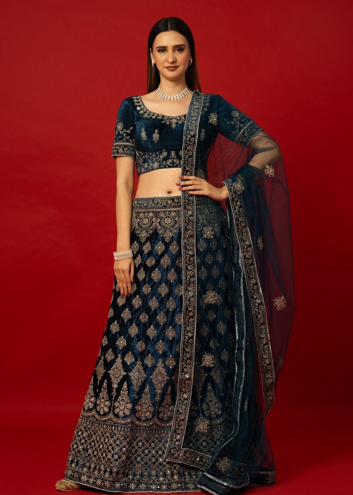 Blue Velvet Bridal Lehenga with Zardozi Hand Embroidery for Weddings