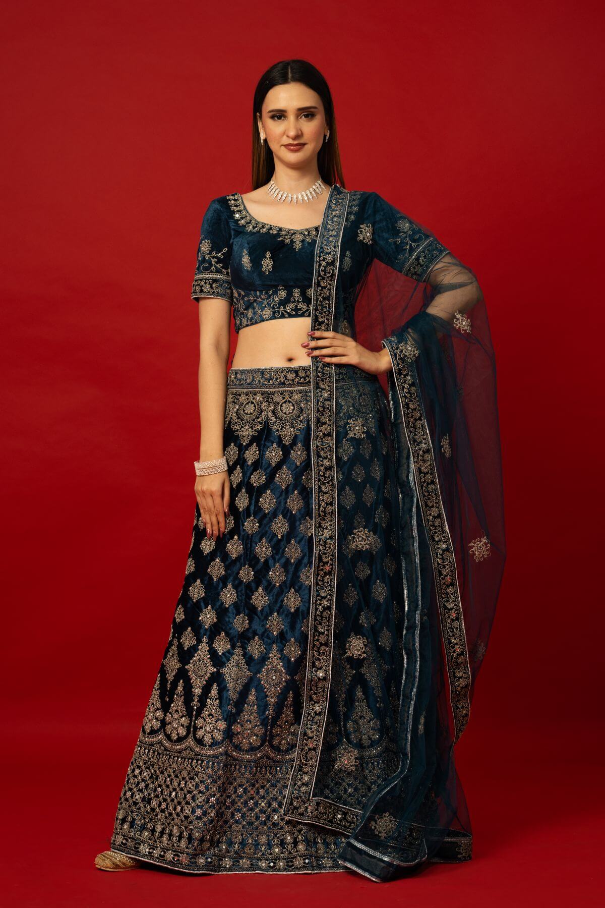 Blue Velvet Bridal Lehenga with Zardozi Hand Embroidery for Weddings