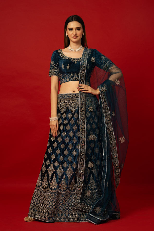 Blue Velvet Bridal Lehenga with Zardozi Hand Embroidery for Weddings - Front 1