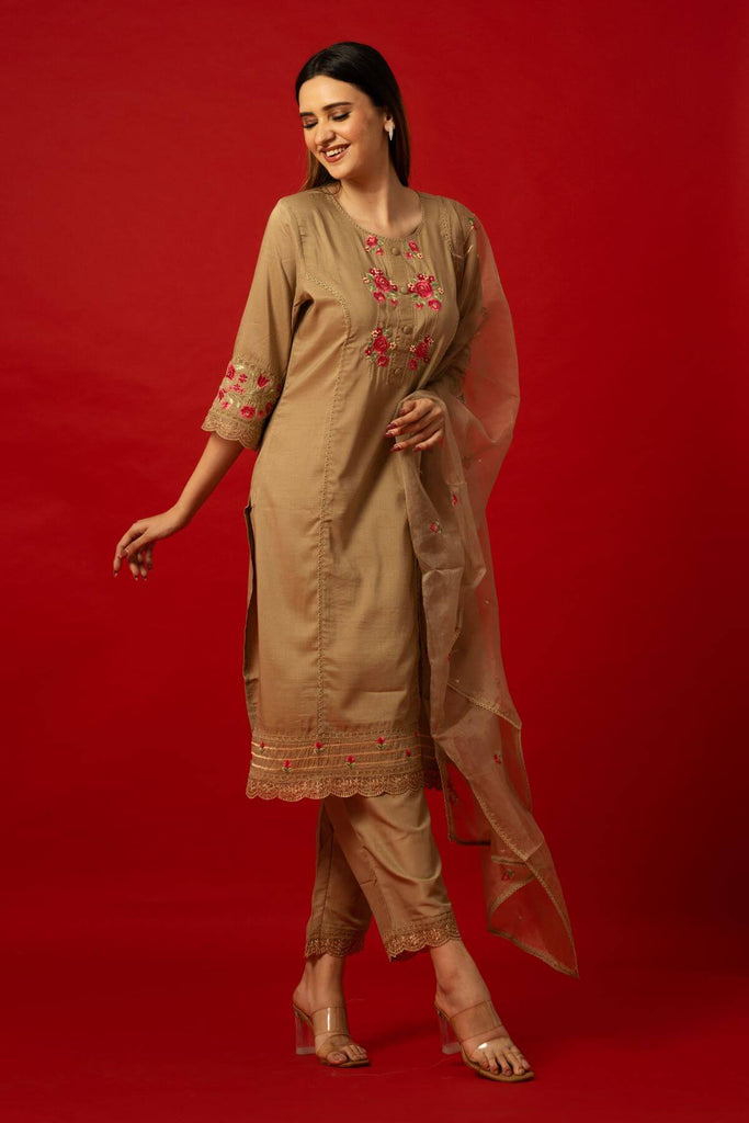 Light Brown Office Wear Cotton Kurti Set